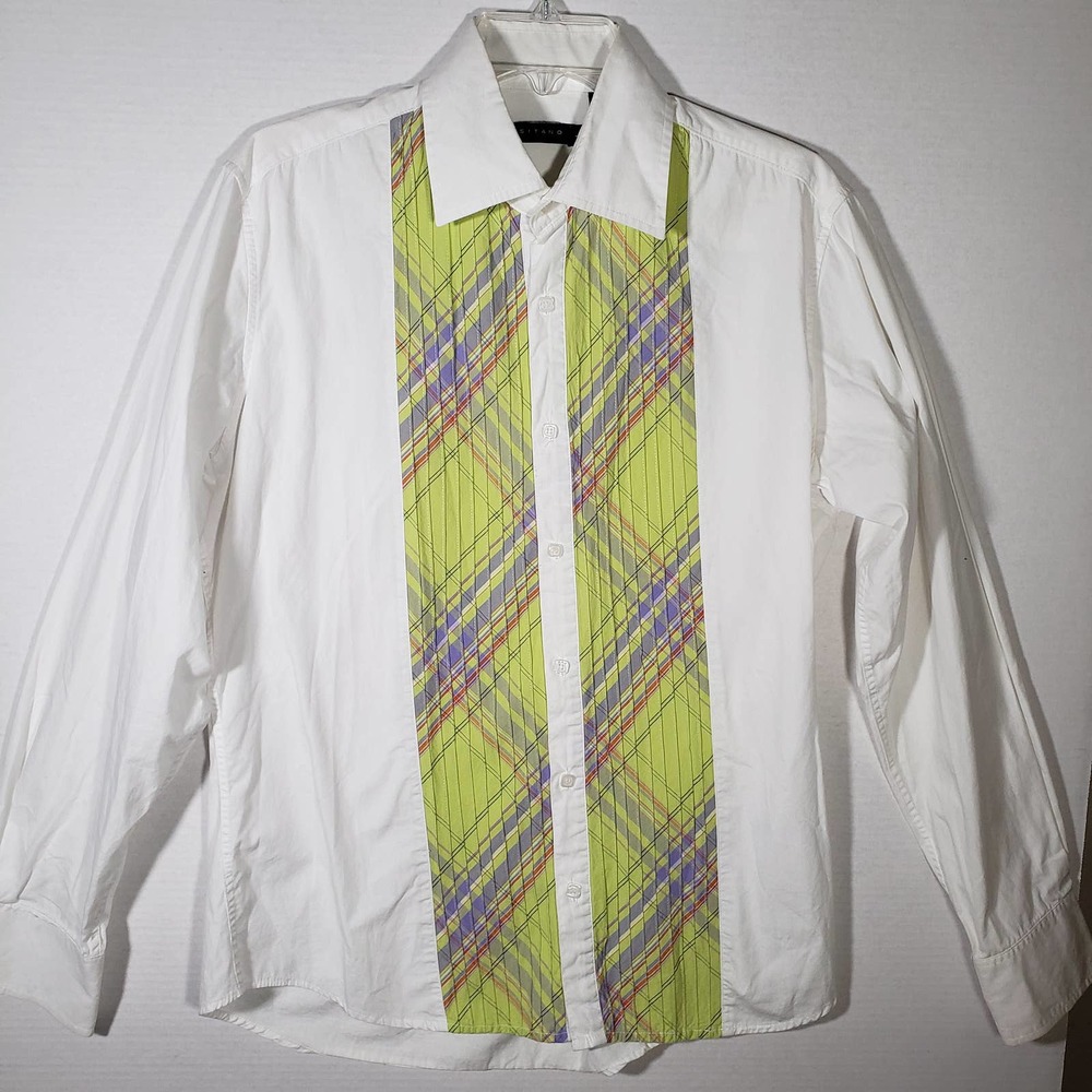 Positano White Yellow Plaid Pleated Shirt L Button LS Tuxedo Slim Cut